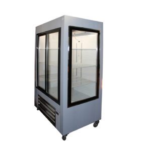 Cooltech 4 Sliding glass doors Reach-In Display Cooler 48” with empty shelves, isolated on a white background.