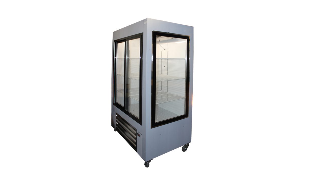 Cooltech 4 Sliding glass doors Reach-In Display Cooler 48” with empty shelves, isolated on a white background.