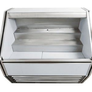 Empty Cooltech Stainless Steel Open Air Merchandiser 48” display case with three shelves and front glass missing, isolated on a white background.