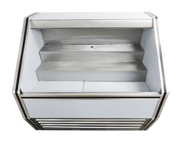 Empty Cooltech Stainless Steel Open Air Merchandiser 48” display case with three shelves and front glass missing, isolated on a white background.