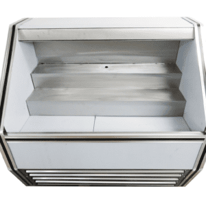 Empty Cooltech Stainless Steel Open Air Merchandiser 36” with multiple shelves, viewed from the front, isolated on a white background.