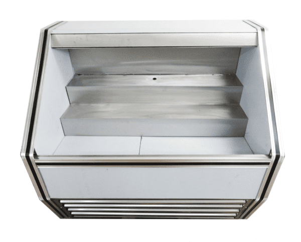 Empty Cooltech Stainless Steel Open Air Merchandiser 36” with multiple shelves, viewed from the front, isolated on a white background.