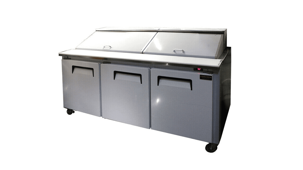 A Cooltech Refrigerated 3-Door Sandwich Prep Table 84" with a clear glass top on wheels, isolated on a white background.