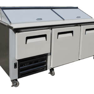 Cooltech 2-1/2 Door Refrigerated Sandwich Prep Unit 84” with caster wheels, isolated on a white background.