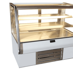 A Cooltech Counter Bakery Pastry Display Case 48” with glass windows and stainless steel trim, featuring multiple shelves and a heating system underneath.
