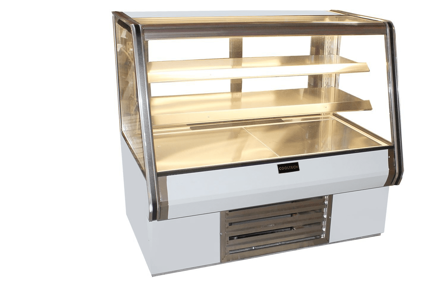 A Cooltech Counter Bakery Pastry Display Case 48” with glass windows and stainless steel trim, featuring multiple shelves and a heating system underneath.