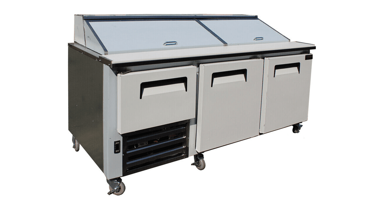 Cooltech 2-1/2 Door Refrigerated Sandwich Prep Unit 84” with caster wheels, isolated on a white background.